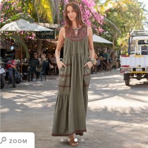 Embroidered Maxi Dress in Olive Green